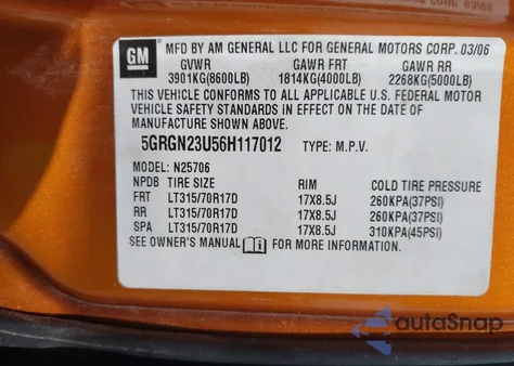 2006 Hummer H2 Suv z USA, uszkodzony, nr VIN 5GRGN23U56H117012